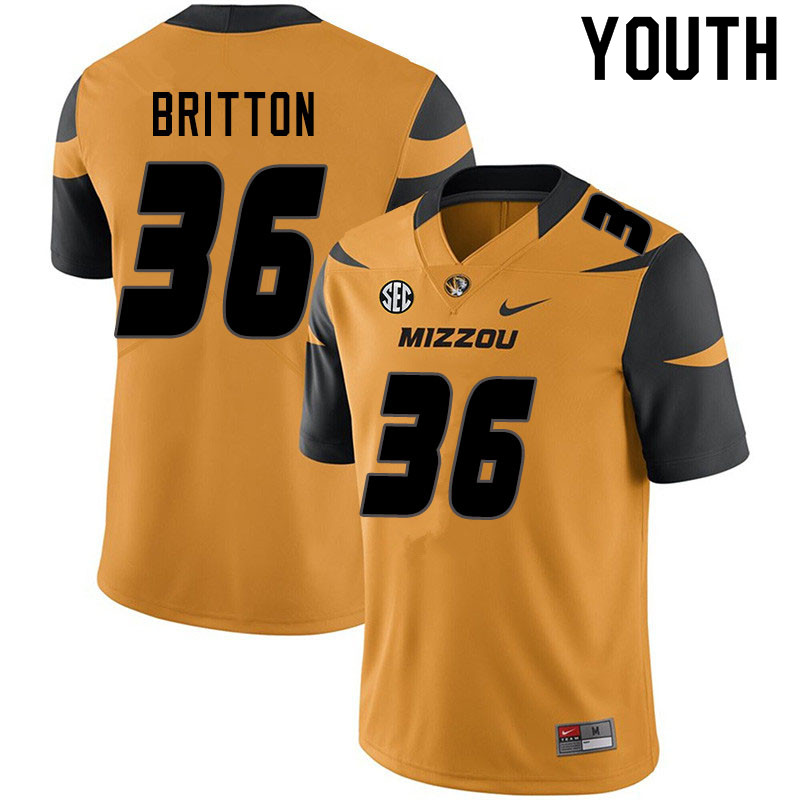 Youth #36 Joe Britton Missouri Tigers College Football Jerseys Sale-Yellow